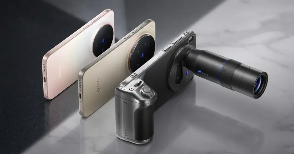 vivo X300 Pro mostrado en varios acabados junto a accesorio fotográfico con lente externa acoplada, destacando su enfoque premium en cámara y diseño
