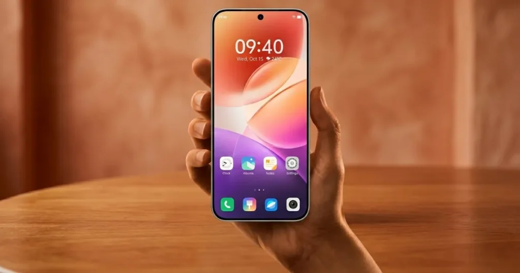 vivo X300 Pro sostenido en mano con pantalla AMOLED encendida mostrando interfaz ColorOS, destacando brillo alto y experiencia multimedia en exteriores