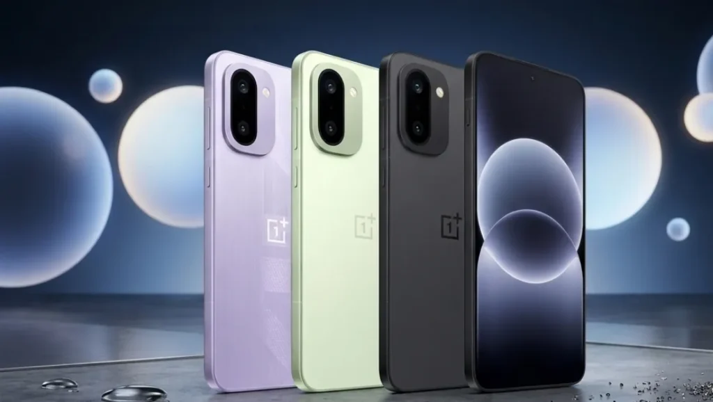 OnePlus 15R en varios colores mostrando diseño trasero con acabado mate y módulo de cámara doble junto a pantalla encendida en análisis de ergonomía