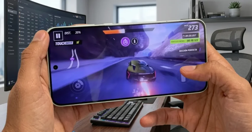 OnePlus 15R en uso horizontal mostrando juego en pantalla con alta tasa de refresco y respuesta táctil durante prueba de rendimiento gaming