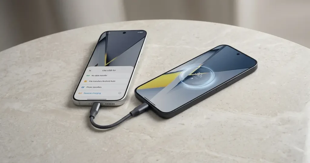 POCO F8 Ultra conectado por cable cargando otro dispositivo mostrando carga inversa en uso real durante análisis de batería y autonomía