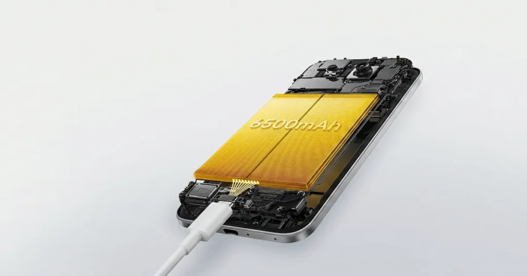 POCO M8 Pro 5G con batería interna de 6500 mAh visible y carga por cable conectada en representación de autonomía y carga rápida