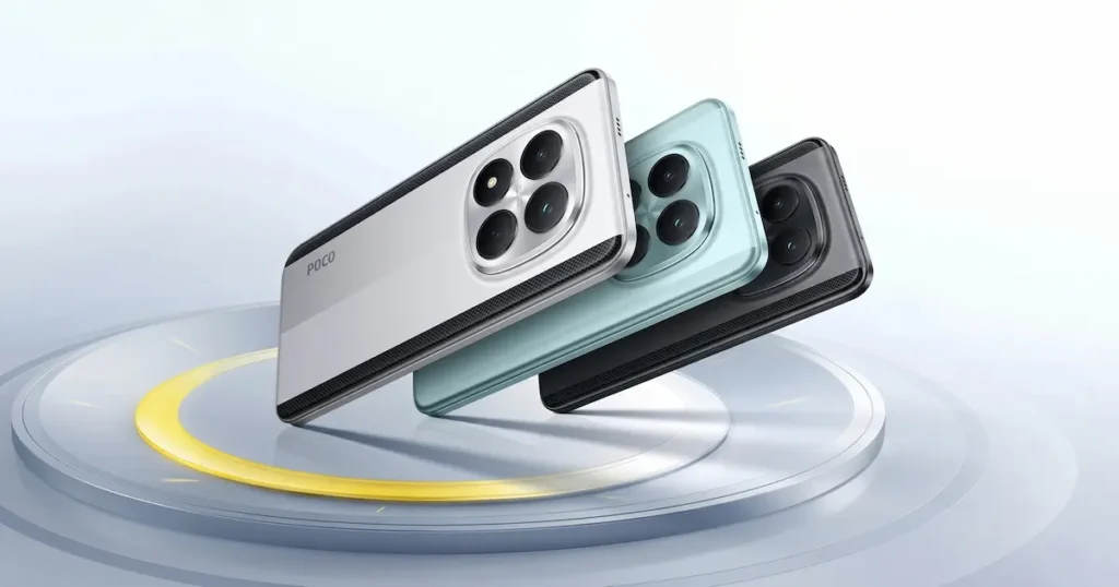 POCO M8 Pro 5G con trasera en varios colores y módulo de cámara destacado en vista inclinada durante análisis de diseño y acabados