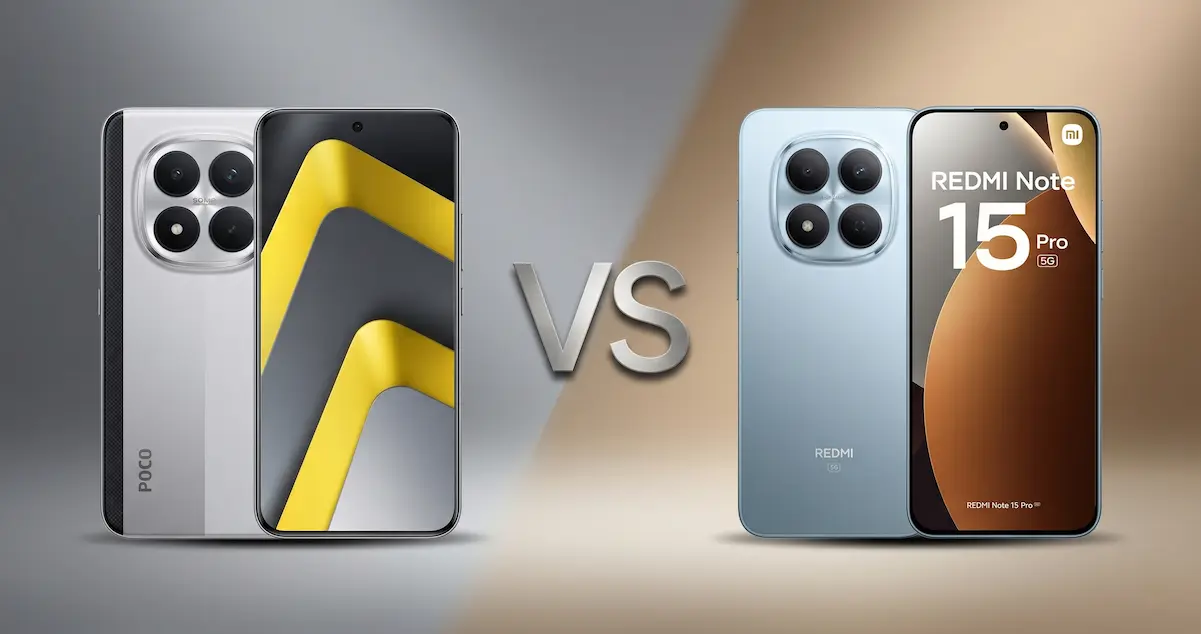 POCO M8 Pro 5G y Redmi Note 15 Pro 5G con frontal y trasera visibles y módulos de cámara comparados en análisis de diseño