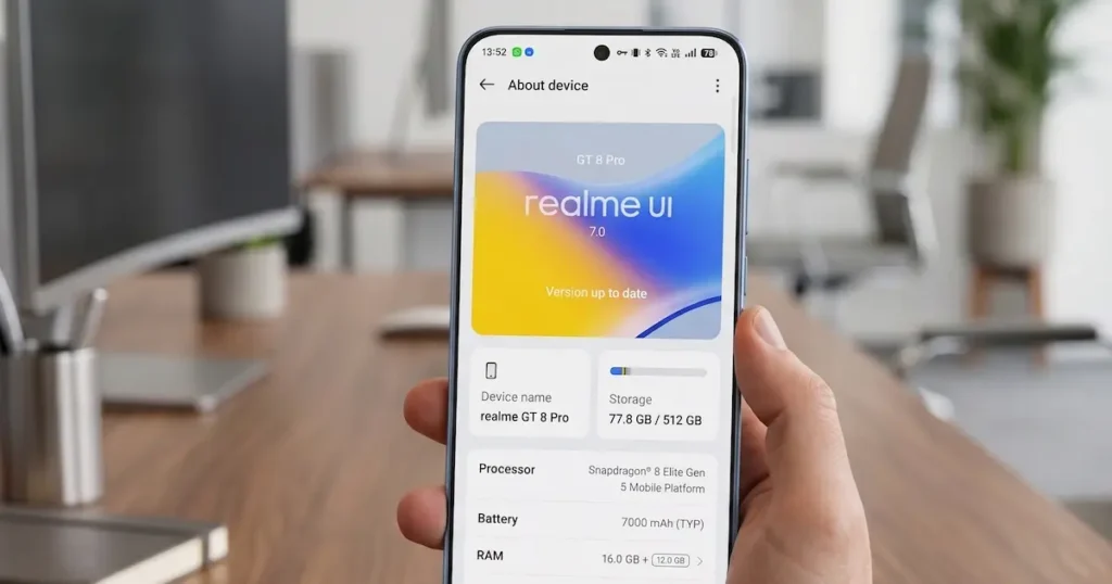 realme GT 8 Pro con interfaz realme UI 7 en pantalla mostrando ajustes del sistema durante análisis de software y experiencia Android