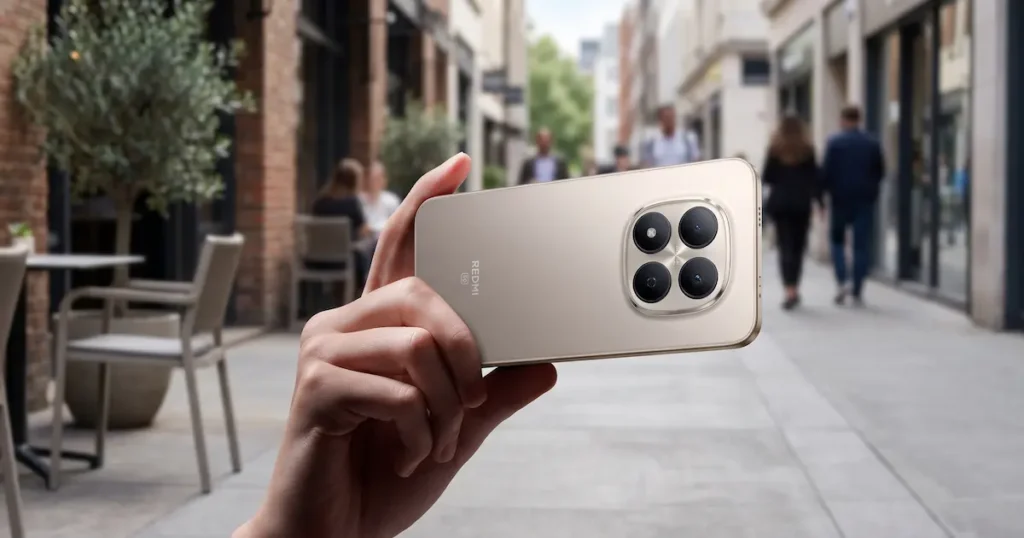 Redmi Note 15 Pro 5G en mano con módulo de cámara trasera visible en uso exterior mostrando versatilidad fotográfica en escena urbana