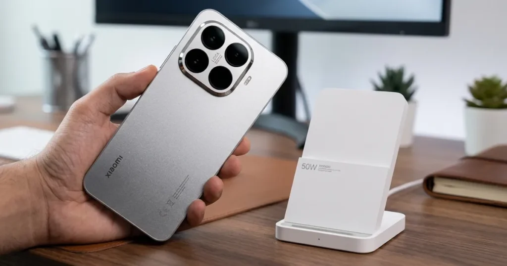 Xiaomi 15T Pro en mano junto a base de carga inalámbrica de 50W mostrando sistema de carga durante análisis de batería y autonomía diaria