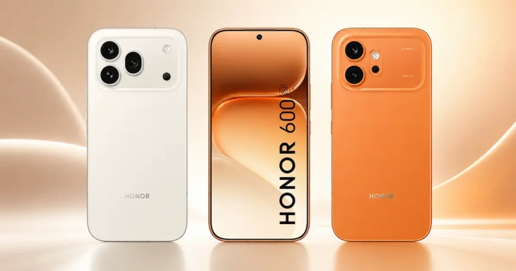 HONOR 600 con frontal encendido y trasera en acabados blanco y naranja para comparar diseño, pantalla y cámaras