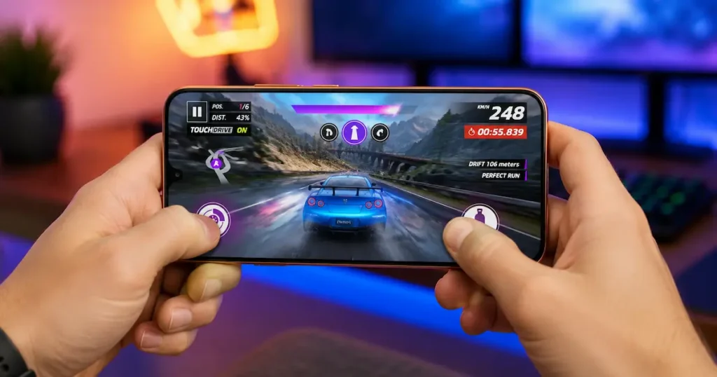HONOR 600 en uso horizontal con juego de carreras en pantalla, destacando rendimiento gaming y respuesta visual fluida