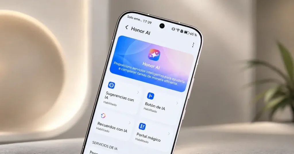 HONOR 600 con pantalla de Honor AI abierta, mostrando botón de IA y servicios inteligentes de MagicOS en apartado de software