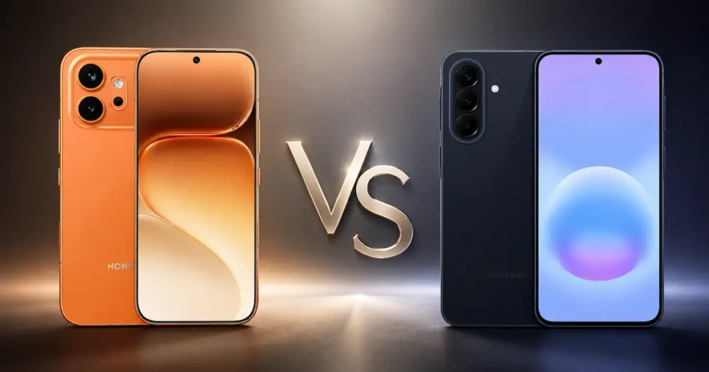HONOR 600 y Samsung Galaxy A57 5G enfrentados con frontal y trasera visibles para comparativa de diseño y pantalla