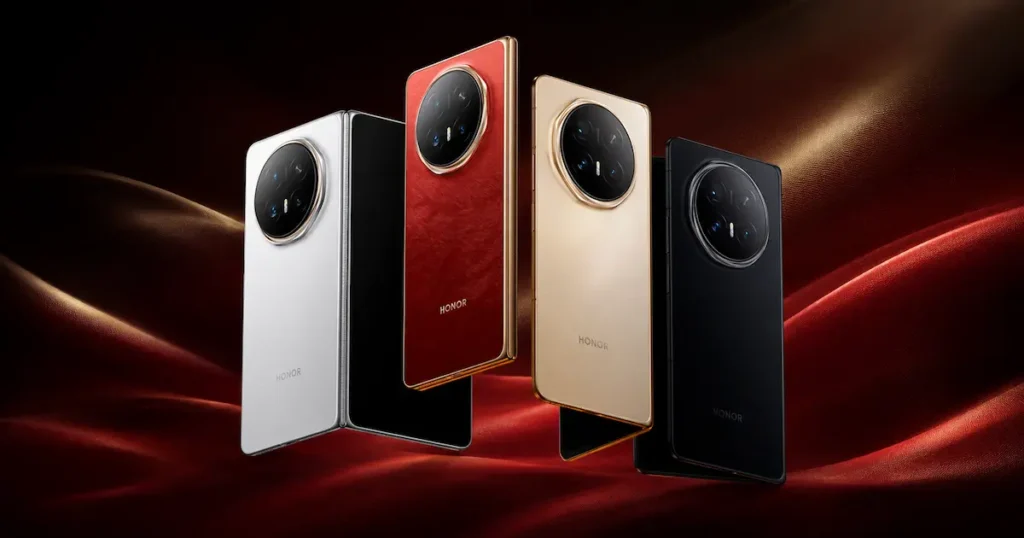 Honor Magic V6 en colores blanco, rojo, dorado y negro mostrando diseño trasero y acabados premium del plegable