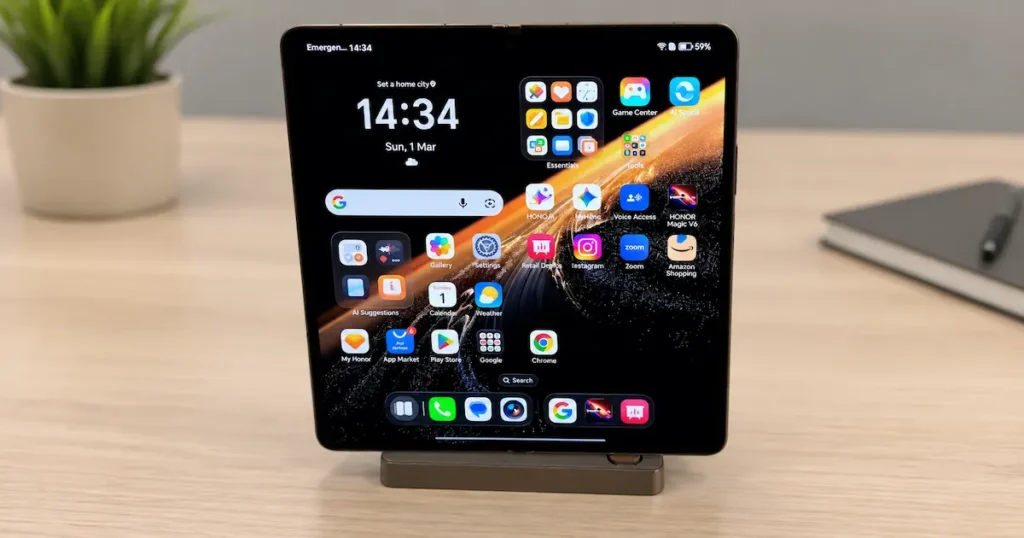Honor Magic V6 desplegado con pantalla interna OLED encendida mostrando interfaz multitarea y aplicaciones en uso real