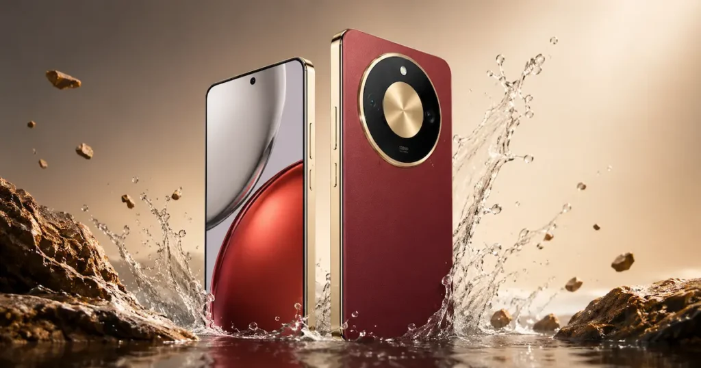 Honor Magic8 Lite en acabado rojo con pantalla frontal y cámara circular junto a agua para destacar diseño resistente