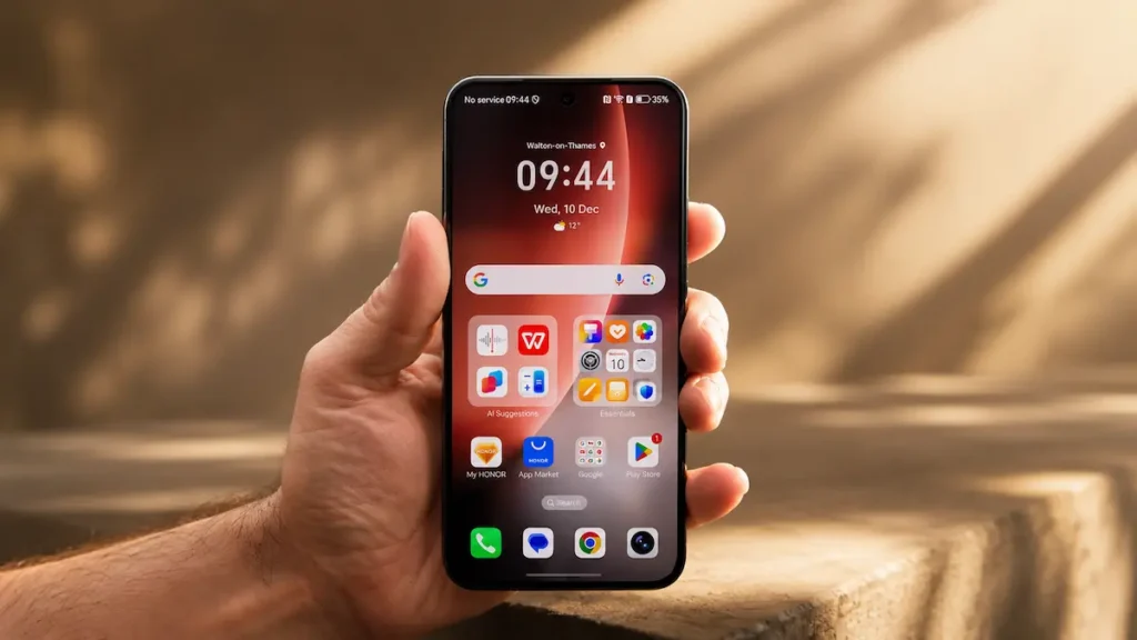 Honor Magic8 Lite en mano con pantalla encendida y MagicOS 9.0 visible para análisis de interfaz y uso diario real