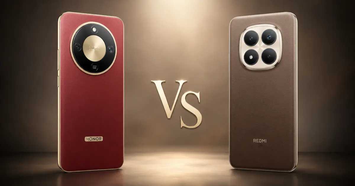 Honor Magic8 Lite y Redmi Note 15 Pro+ traseros con módulos de cámara destacados en portada de comparativa móvil