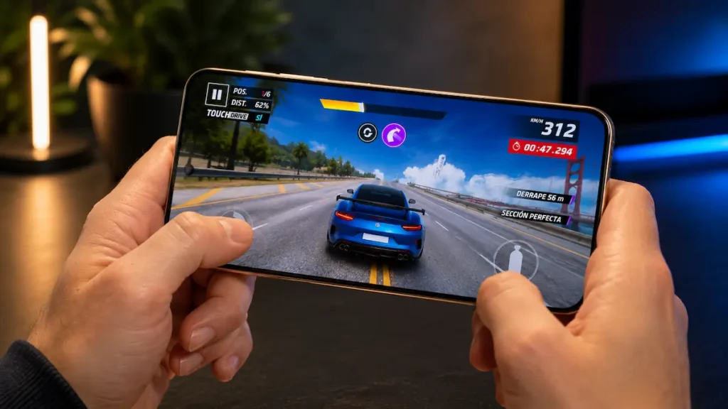Honor Magic8 Lite en mano con juego de carreras en pantalla horizontal para analizar rendimiento y experiencia gaming