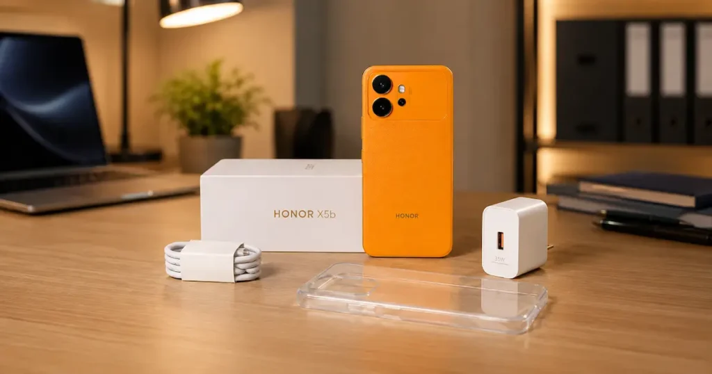 HONOR X5b en color naranja junto a caja, cargador y cable sobre escritorio, destacando accesorios y carga del dispositivo