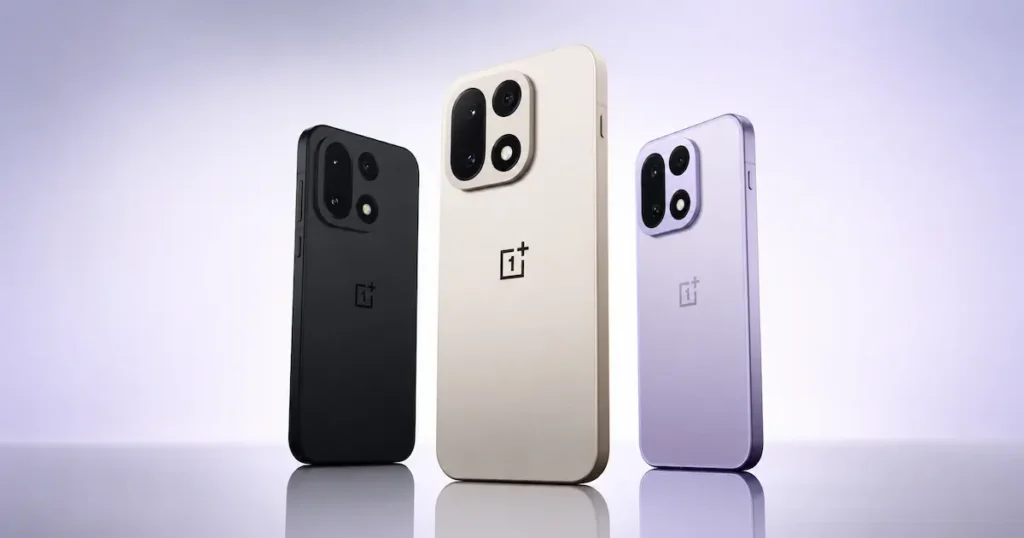 OnePlus 15 con trasera en tres colores, módulo de cámara cuadrado y laterales planos en diseño comparado con OPPO