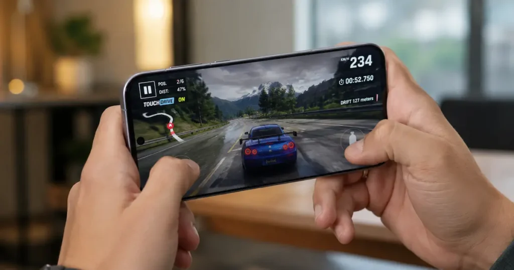 OnePlus 15 en uso horizontal con juego de coches en pantalla y manos sujetándolo en apartado de rendimiento y gaming