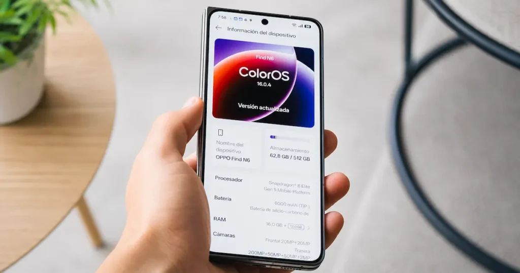 Oppo Find N6 con interfaz ColorOS abierta mostrando funciones del sistema y herramientas de software basadas en IA