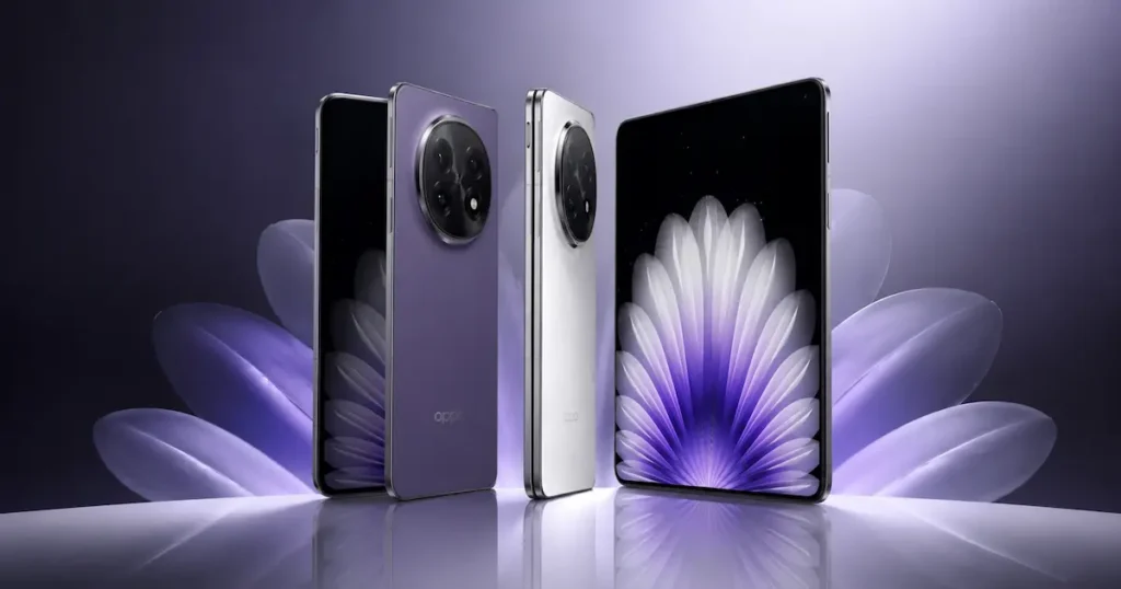 Oppo Find N6 en color púrpura y blanco mostrando diseño ultrafino y pantalla plegable OLED de gran formato premium