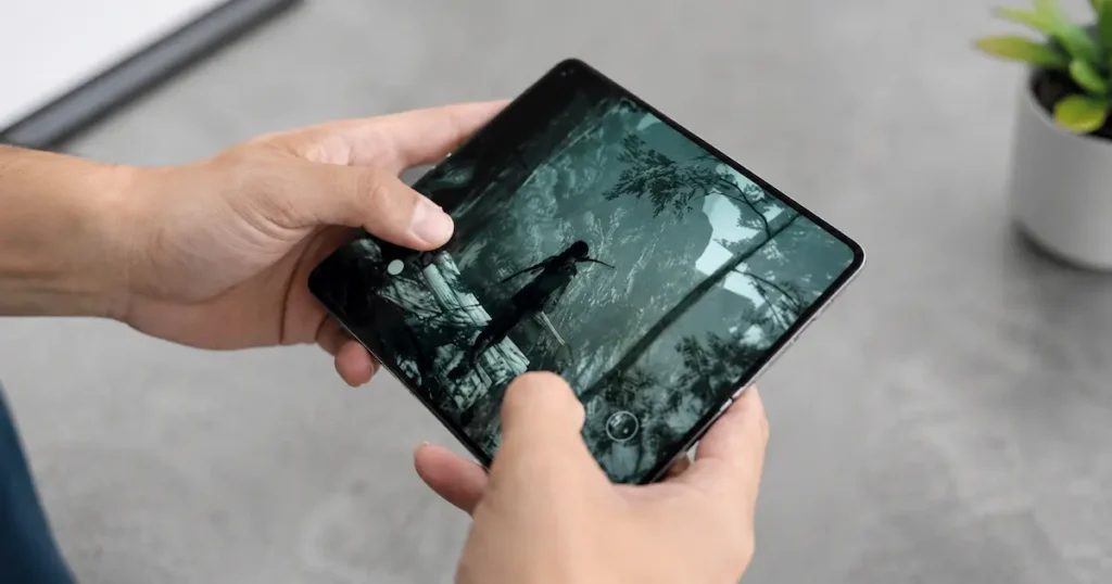 Oppo Find N6 desplegado en uso gaming con pantalla OLED interna y juego exigente durante prueba de rendimiento sostenido