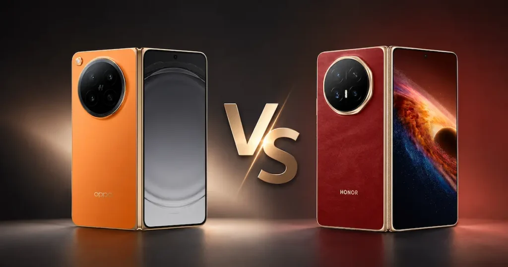 Oppo Find N6 y Honor Magic V6 abiertos con acabado naranja y rojo en comparativa de diseño de móviles plegables premium