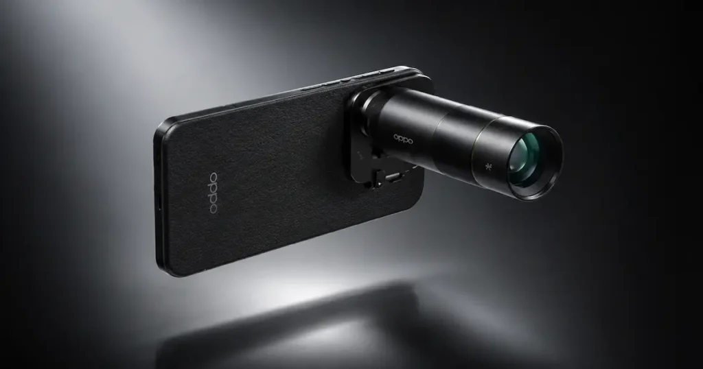 OPPO Find X9 Pro con accesorio óptico acoplado a la cámara trasera en una imagen centrada en fotografía y zoom