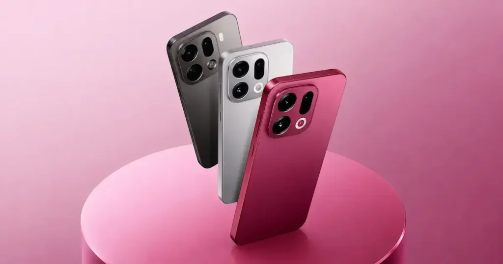 OPPO Find X9 Pro con trasera mate en tres colores, módulo de cámara cuadrado y perfil plano en apartado de diseño