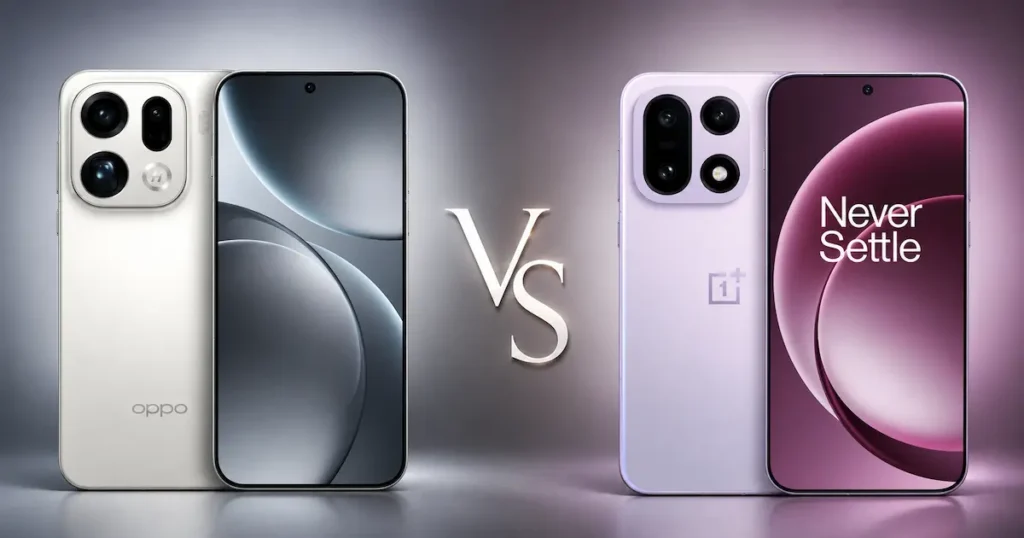 OPPO Find X9 Pro y OnePlus 15 enfrentados con trasera, pantalla encendida y módulos de cámara en comparativa