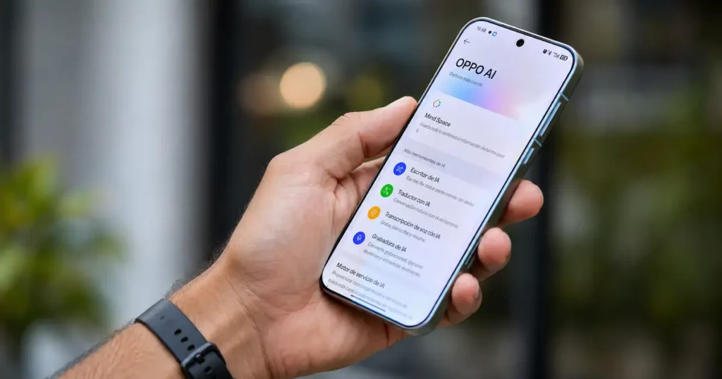 OPPO Find X9 Pro con pantalla de OPPO AI abierta, interfaz Mind Space y herramientas inteligentes en apartado de software