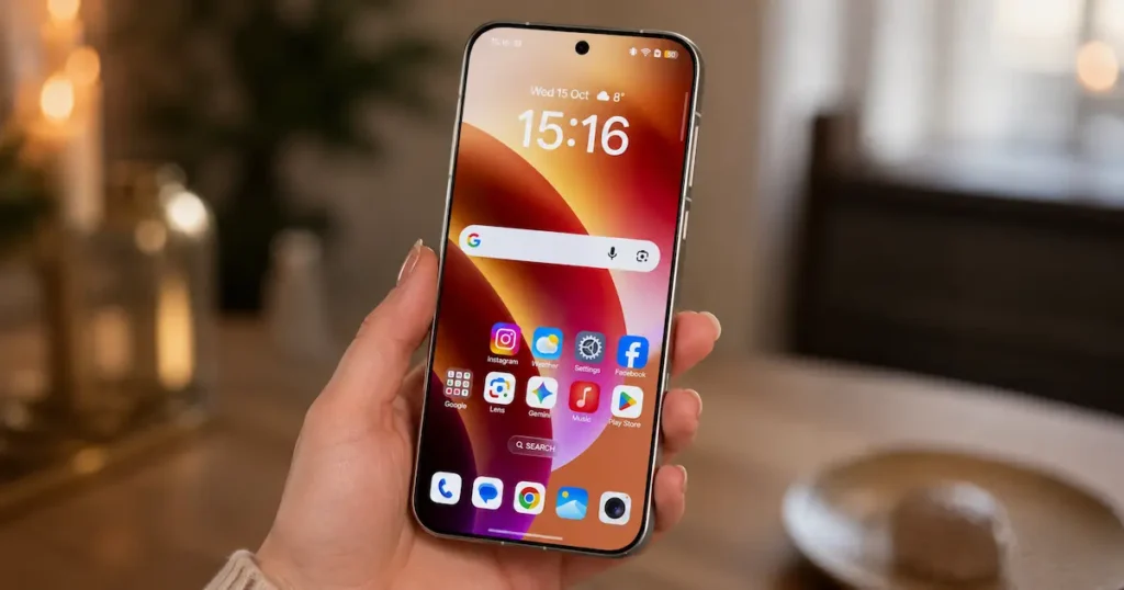 OPPO Find X9 Pro con pantalla encendida, panel frontal con cámara centrada y uso en mano en apartado de pantalla