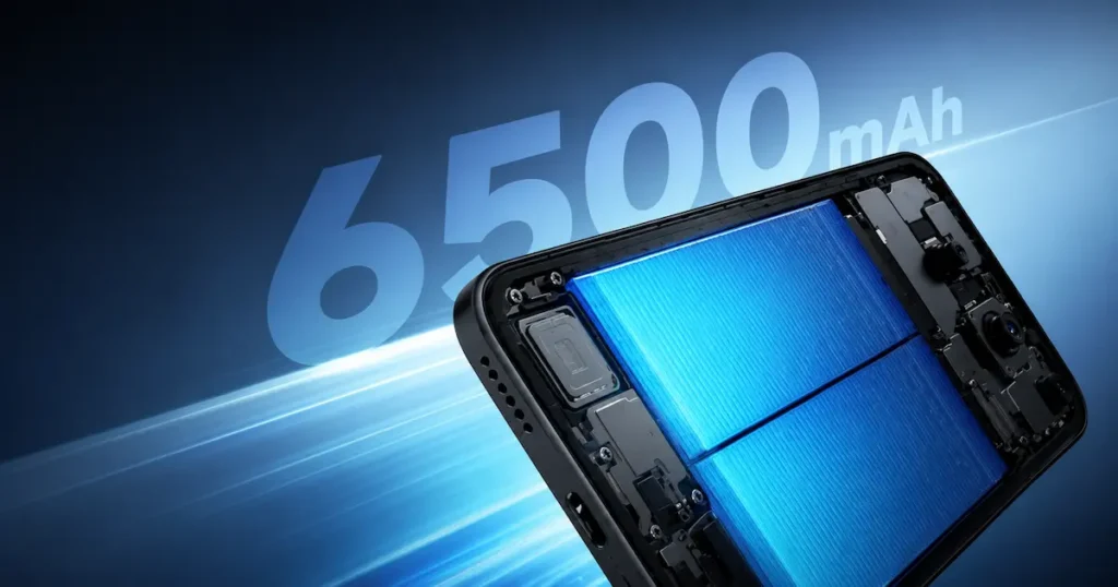 Redmi Note 15 Pro+ con interior visible y batería de 6500 mAh resaltada para explicar autonomía y carga rápida