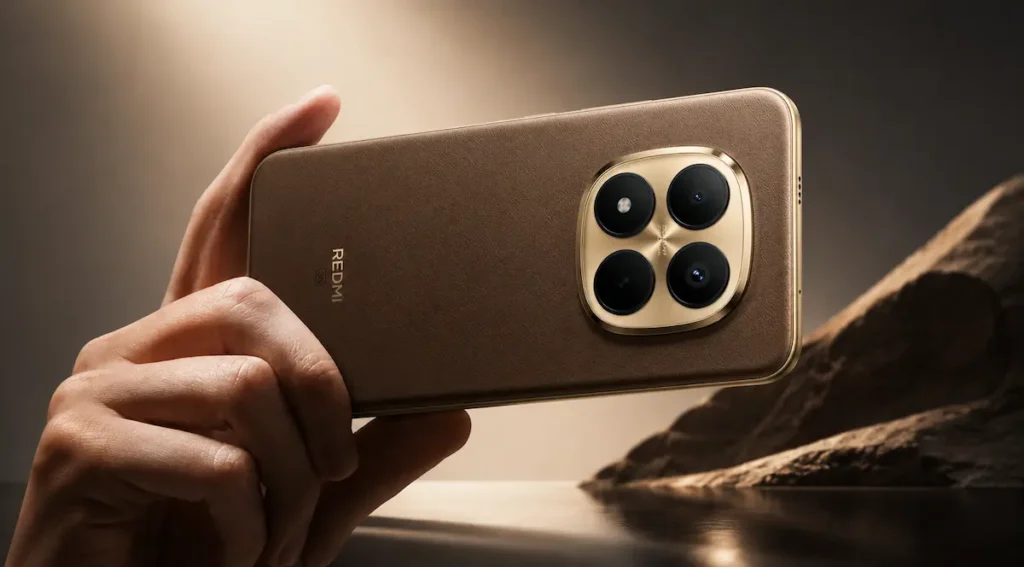 Redmi Note 15 Pro+ en mano con módulo de cámara trasera cuádruple y acabado marrón para análisis de cámara y diseño