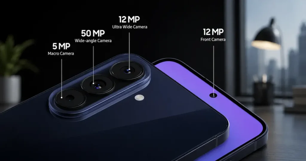 Samsung Galaxy A57 5G con esquema de cámaras de 50 MP, ultra gran angular de 12 MP, macro de 5 MP y frontal de 12 MP