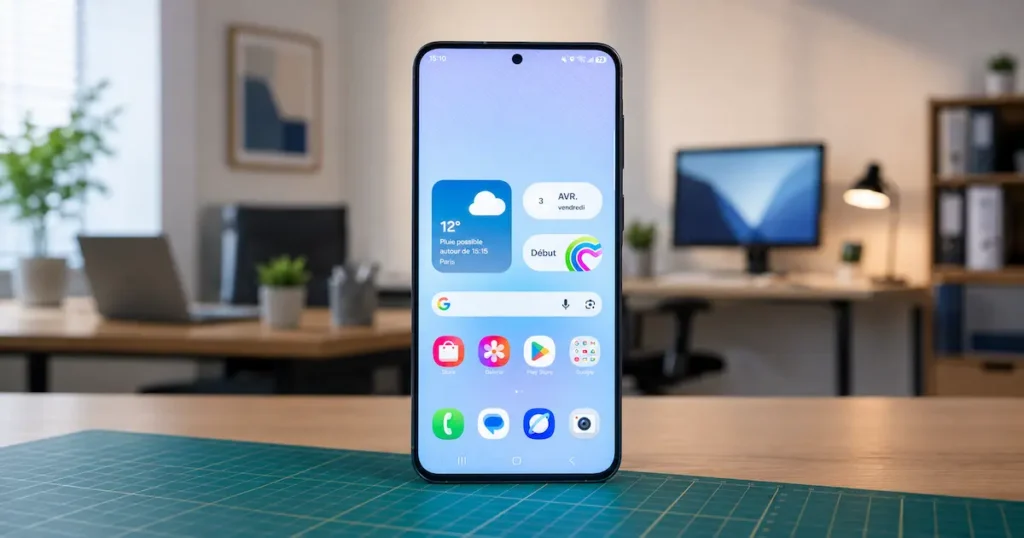 Samsung Galaxy A57 5G con pantalla encendida e interfaz visible sobre escritorio, destacando frontal AMOLED en uso diario