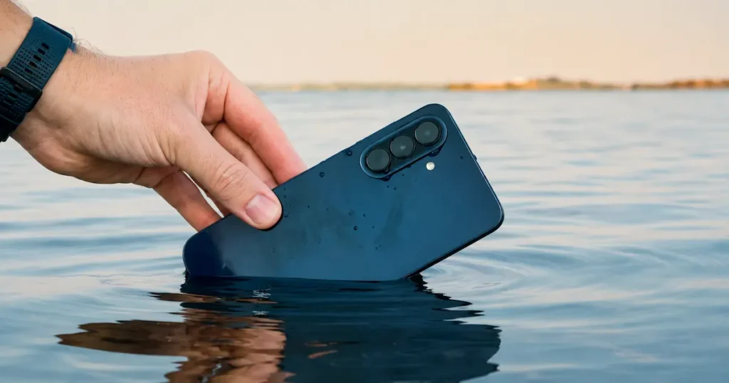 Samsung Galaxy A57 5G parcialmente sumergido en agua con trasera visible, reforzando resistencia IP68 en uso exterior