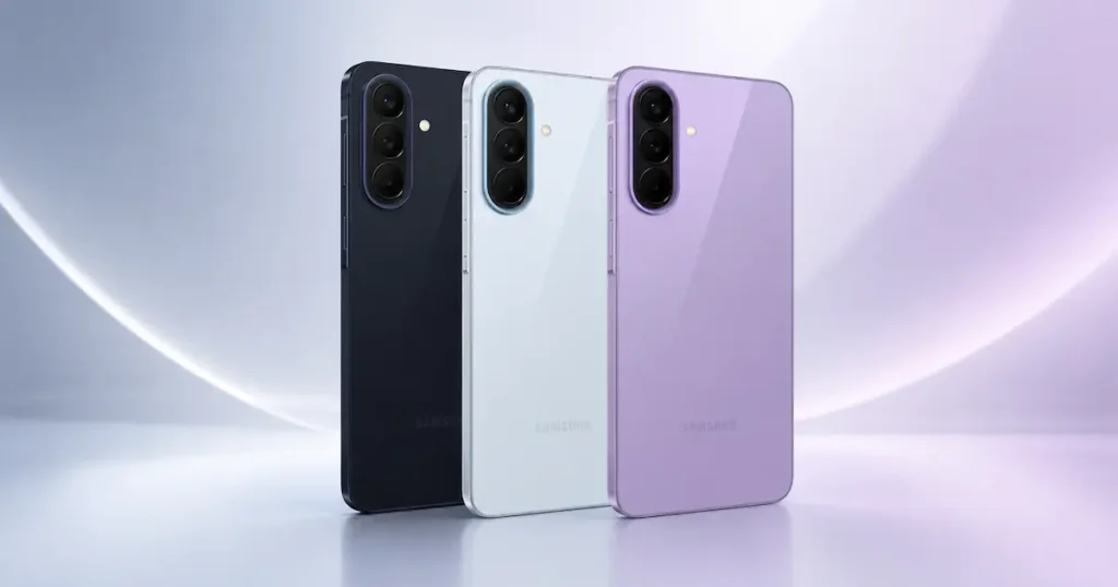 Samsung Galaxy A57 5G con trasera en tres colores y módulo de cámara vertical triple en enfoque de diseño comparativo