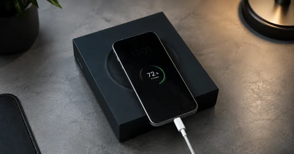 vivo X300 Pro cargando por USB-C sobre su caja con pantalla al 72 % para análisis de batería y carga rápida europea