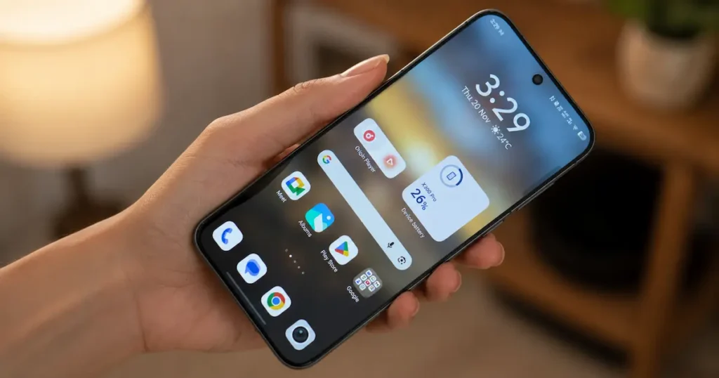 vivo X300 Pro en mano con OriginOS 6 y Android 16, widgets y apps visibles para análisis de software e interfaz