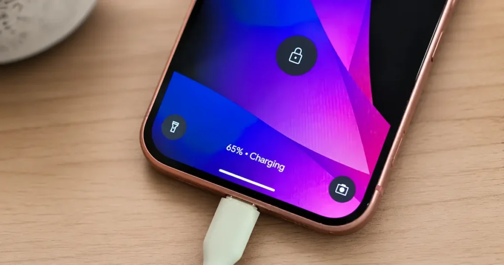 Google Pixel 10a cargando por USB-C con pantalla encendida y porcentaje visible para ilustrar batería y carga por cable