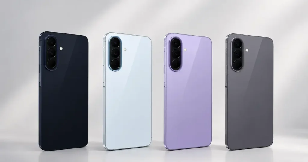 Samsung Galaxy A57 5G con traseras en varios colores y módulo de cámara triple para comparar diseño premium delgado
