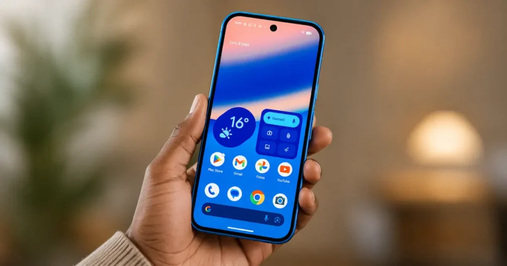 Google Pixel 10a en mano con pantalla de inicio y widget de Gemini para ilustrar Android 16 limpio y software