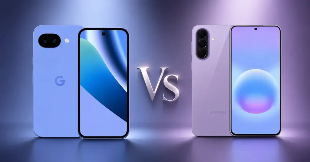 Google Pixel 10a y Samsung Galaxy A57 5G enfrentados con trasera y pantalla encendida en comparativa de gama media