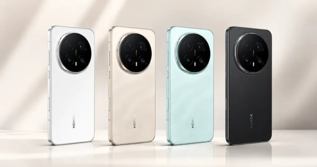 Honor Magic 8 Pro en cuatro acabados con trasera mate y gran módulo circular de cámara en comparativa de diseño