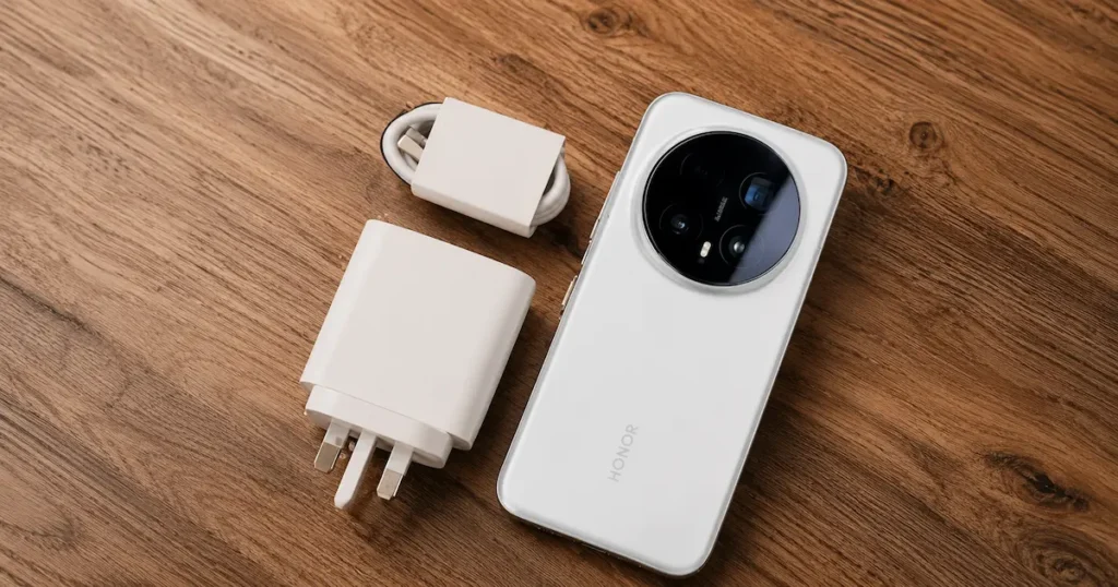 Honor Magic 8 Pro con cargador y cable junto a trasera blanca para apartado de batería y carga rápida por cable