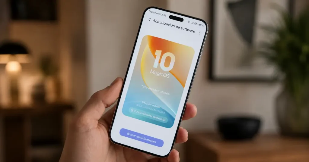 Honor Magic 8 Pro en mano con pantalla de actualización MagicOS 10 abierta para apartado de software y soporte