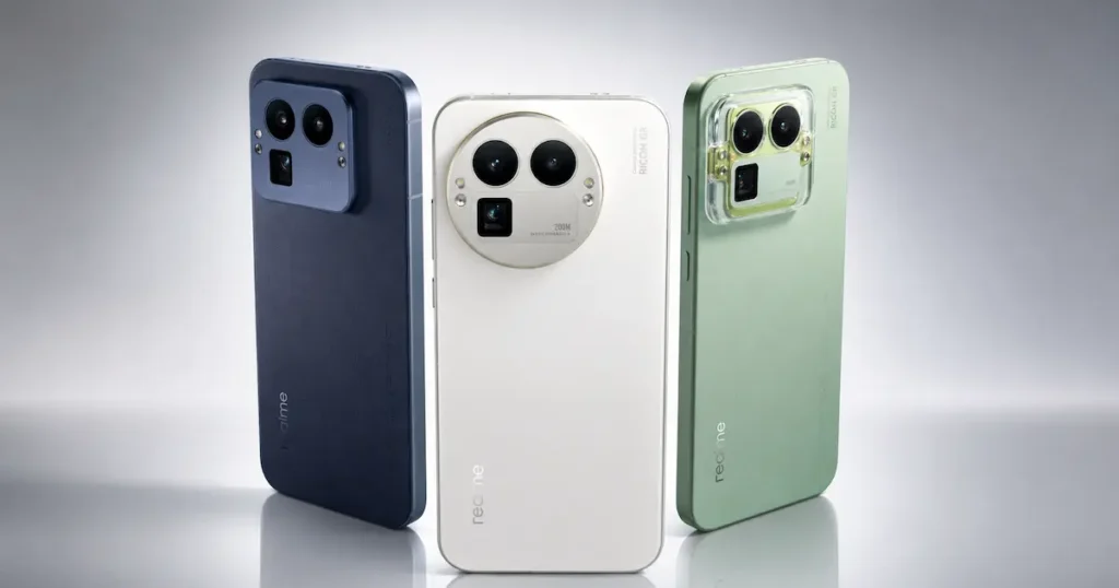 realme GT 8 Pro en azul, blanco y verde con trasera visible y módulos de cámara intercambiables en enfoque de diseño