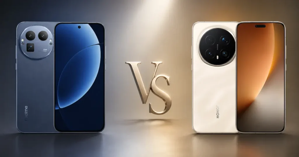 Realme GT 8 Pro y Honor Magic 8 Pro enfrentados con frontal y trasera visibles en comparativa de gama alta Android